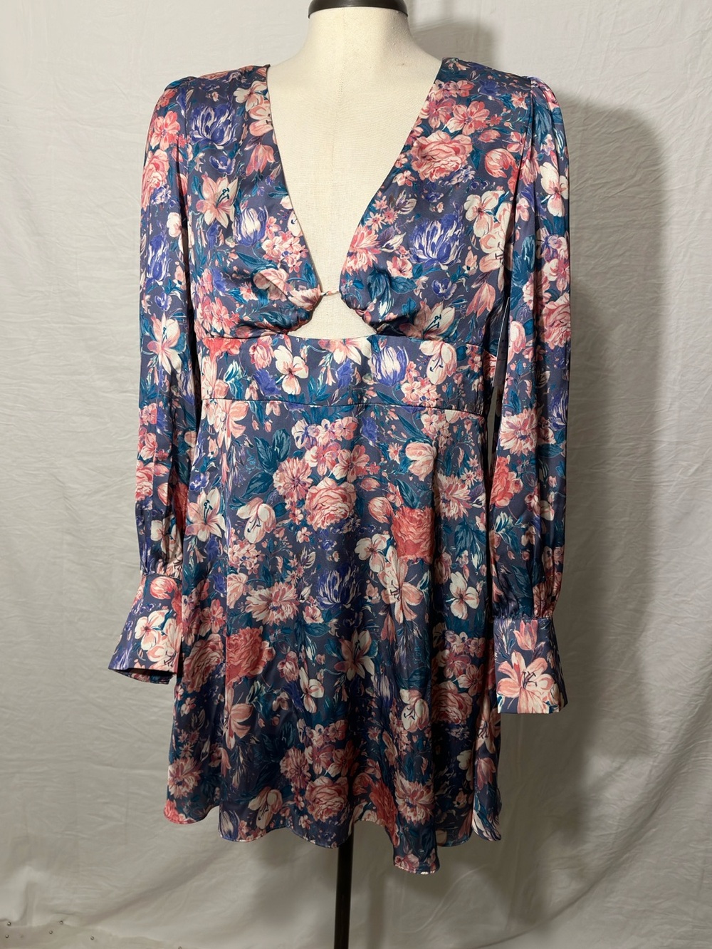 Floral Deep V Cutout Mini Dress - Blue & Pink